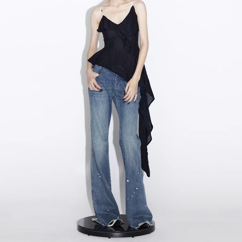 ourhour 烫钻毛边下摆 蓝色宽松微喇叭阔腿牛仔裤 女夏设计感长裤