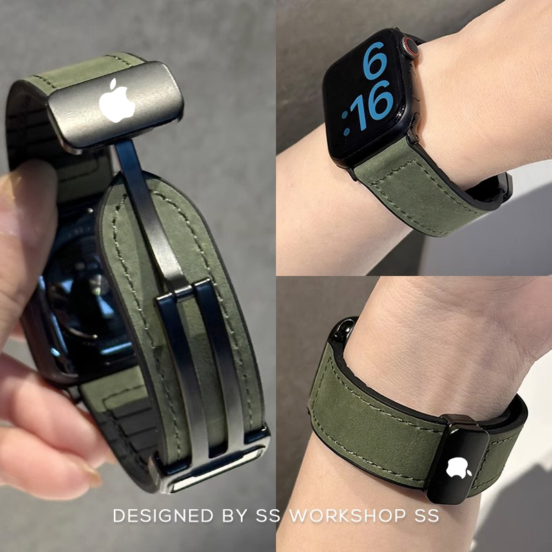 适用苹果Apple watch8疯马皮质真皮手表表带iwatch76543se2磁吸扣