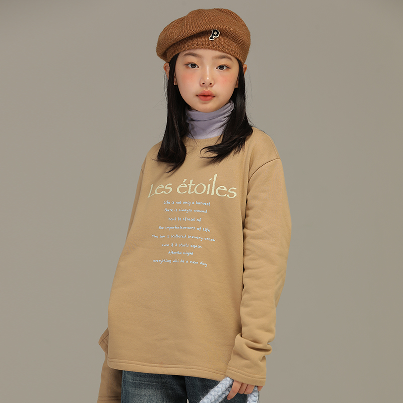 小女森女童秋冬国潮印花加绒卫衣中大童圆领套头内搭打底衫上衣