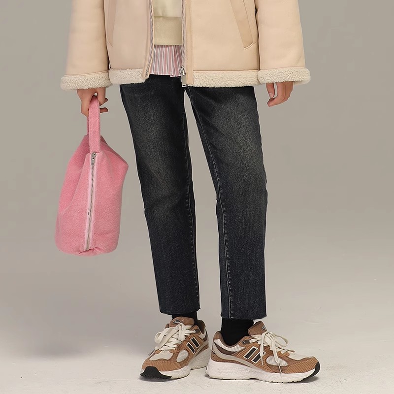 小女森女童冬款加绒裤子蓝色烟管裤儿童牛仔裤直筒秋冬外穿九分裤