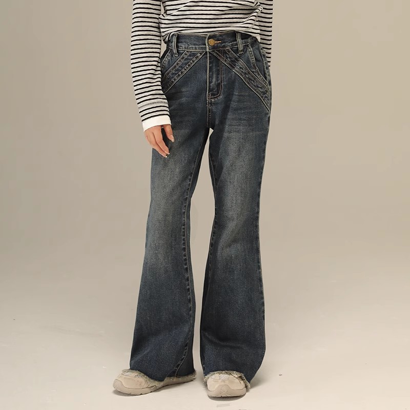 小女森女童秋冬复古水洗设计感喇叭牛仔裤儿童高腰弹力显瘦长裤潮