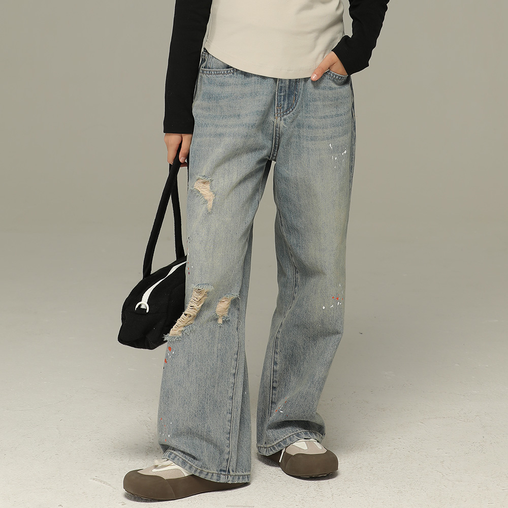 小女森女童春秋国潮泼墨直筒牛仔裤儿童复古破洞水洗高腰宽松裤子