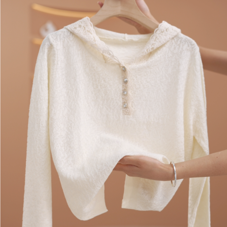 【w】柔软月光~蕾丝连帽设计长袖针织衫-Y12639-GB
