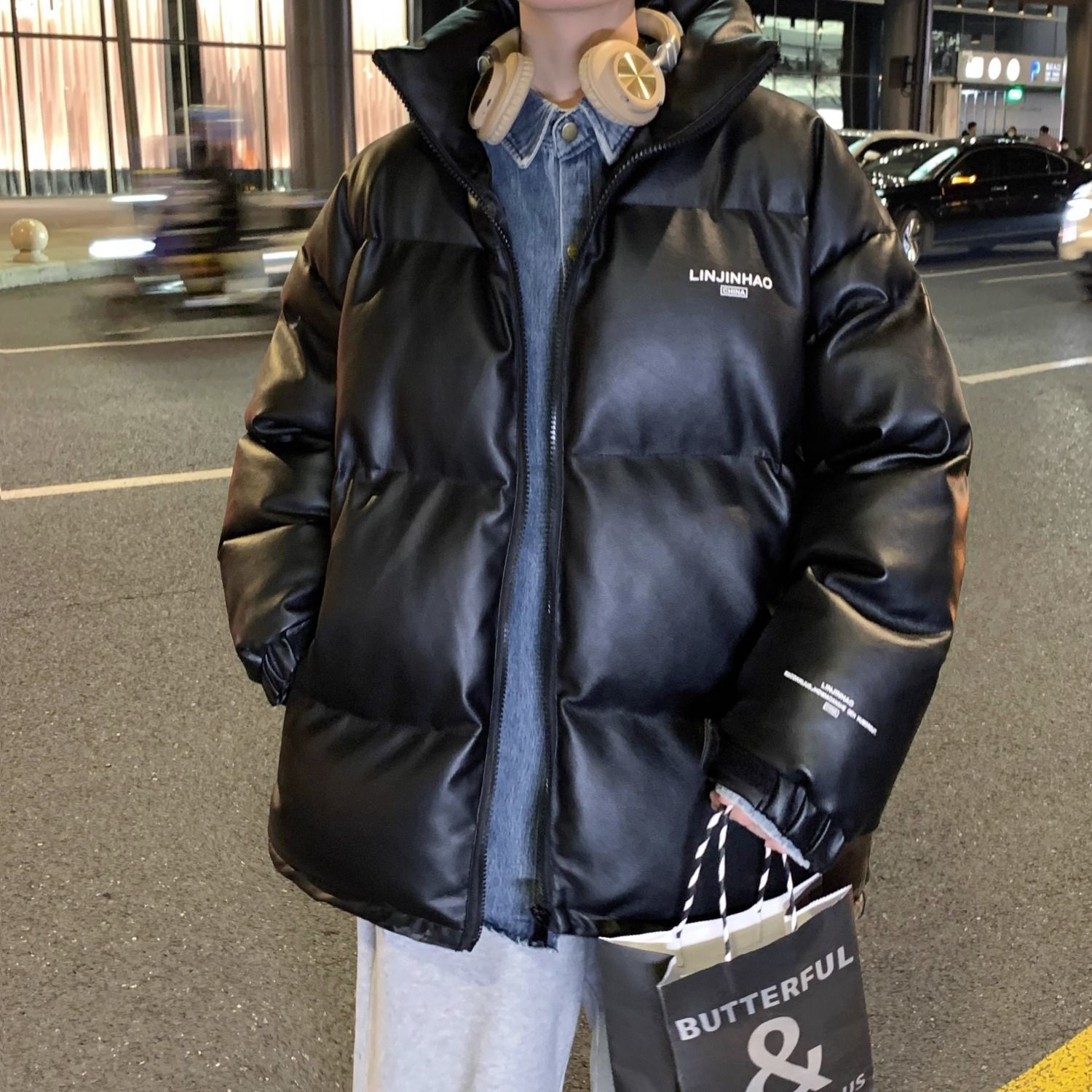 冬季PU皮羽绒服男宽松加厚面包服情侣外套韩版ins潮立领羽绒外套