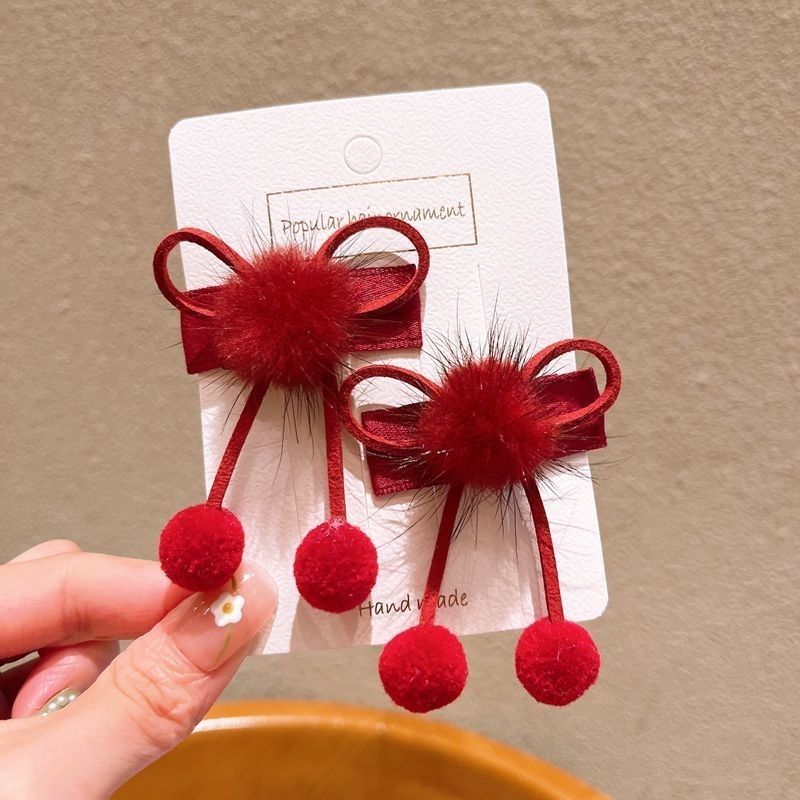 新年女童可爱蝴蝶结bb夹小宝宝高级秋冬毛球对夹儿童发卡公主头饰