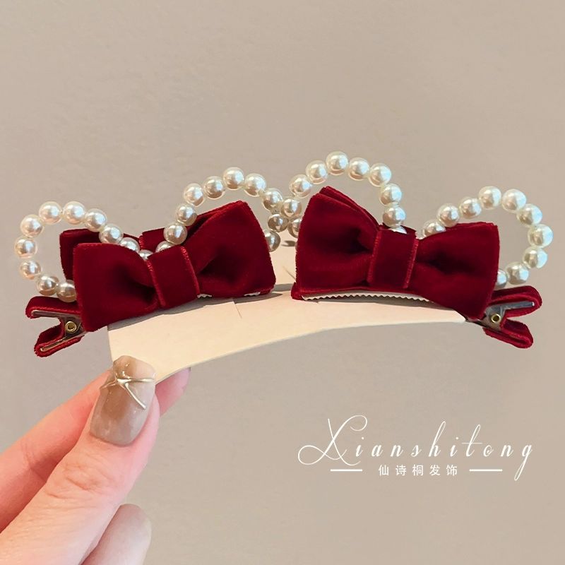 发夹儿童女立体珍珠兔耳朵宝宝新年头饰丝绒蝴蝶结顶夹小女孩边夹