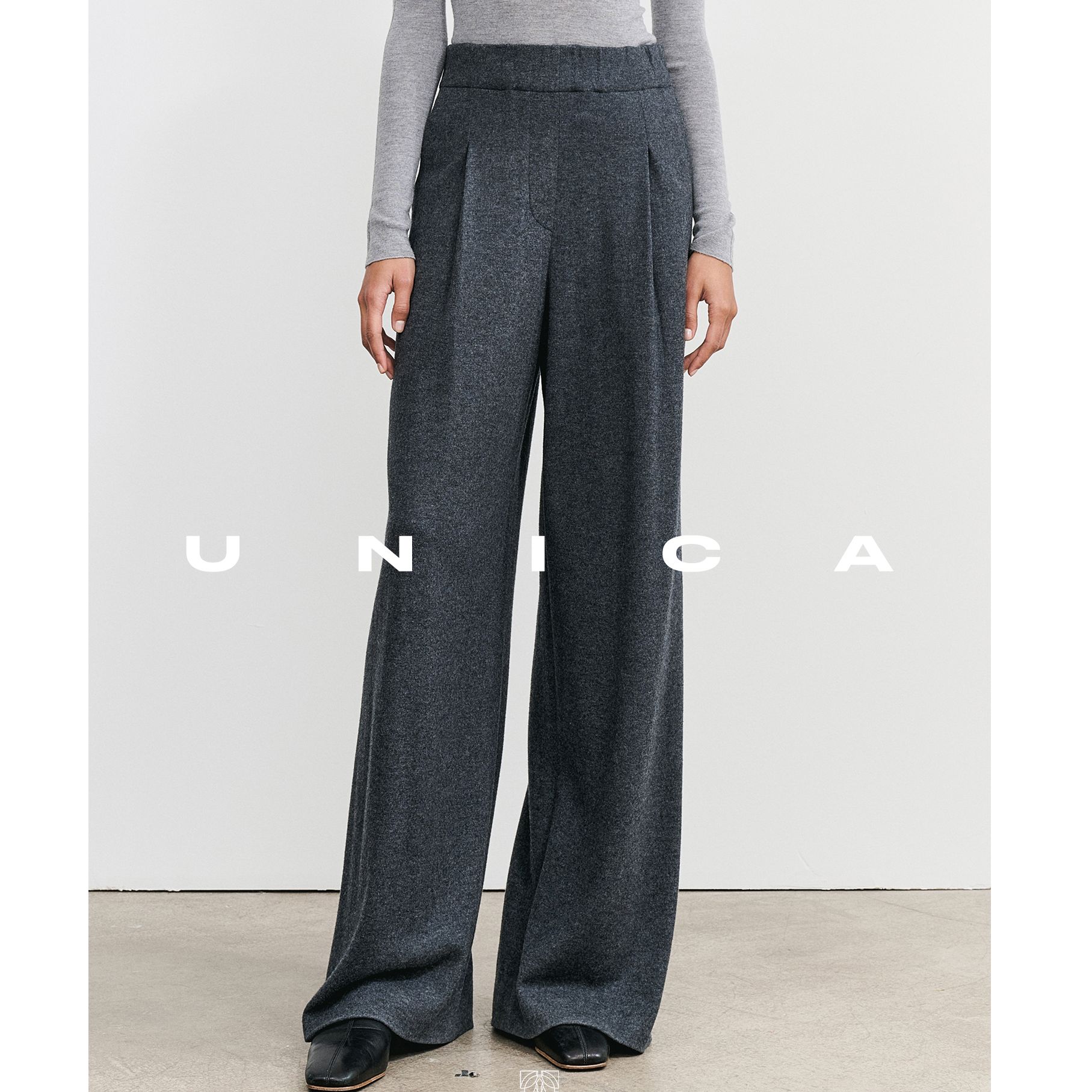 UNICA/松弛懒人神裤_定纺剥鳞美利诺羊毛松紧宽腰藏肉显瘦阔腿裤