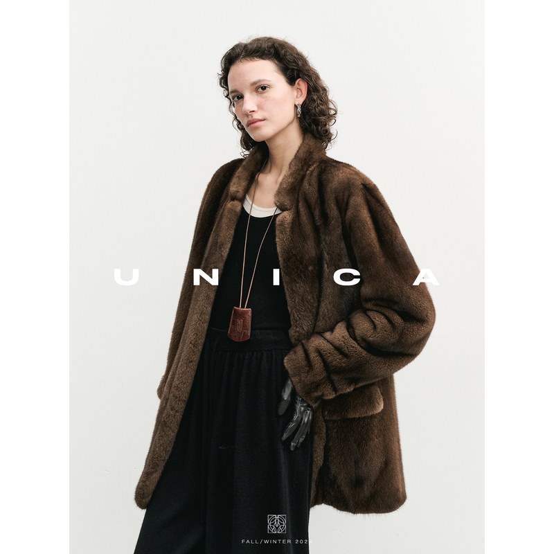 UNICA/简约时髦中古西装丽领_哥本哈根紫标水貂皮草外套