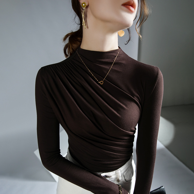 YH#设计感抽褶中领打底衫冬新款小高领小衫内搭洋气T恤女DF237