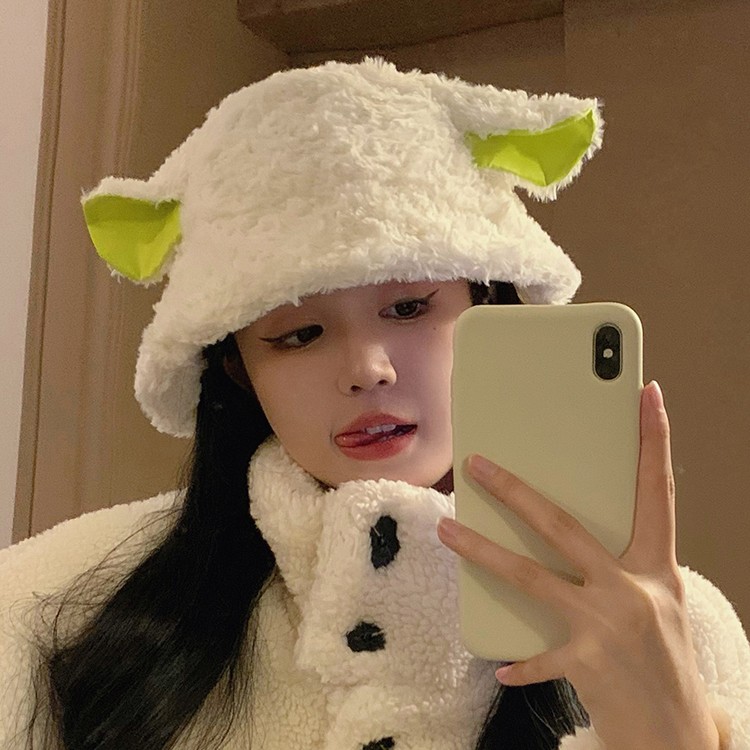 小羊帽子冬天渔夫帽女日系可爱毛线保暖秋冬季耳朵毛绒咩咩帽冬款