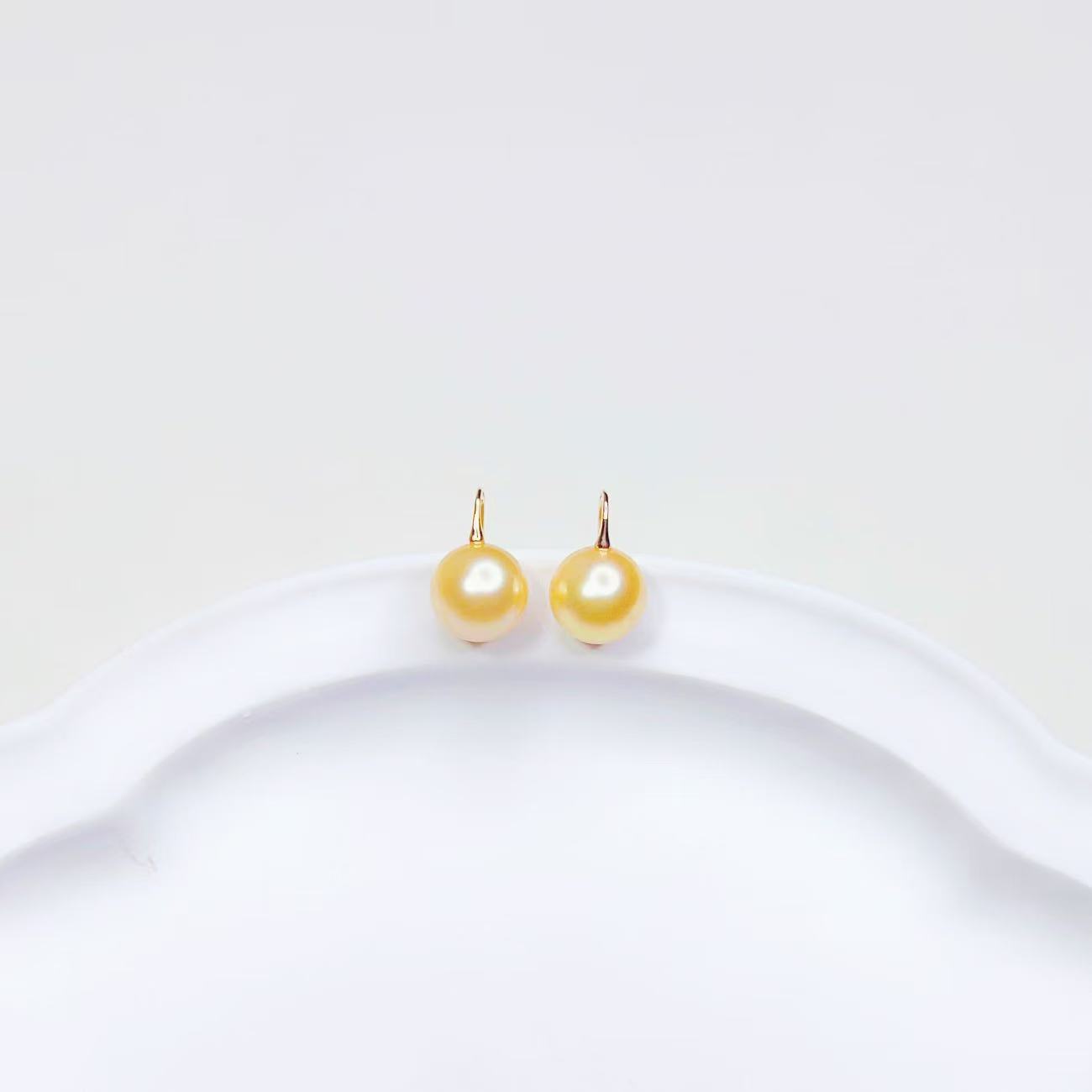 【大D】18k金/海水南洋金珠正圆耳钩/11-12MM