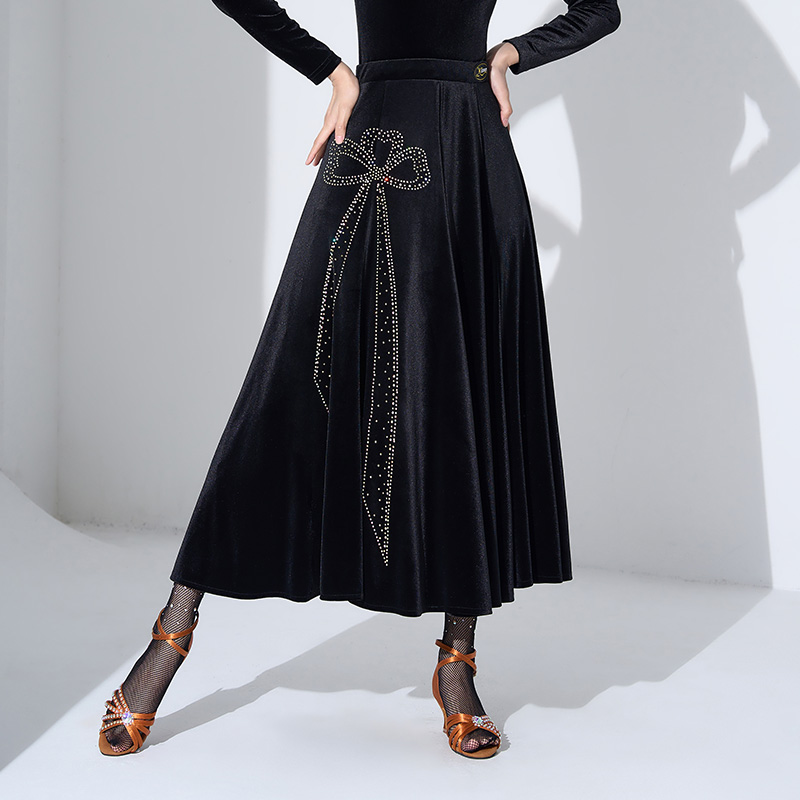 艺尚舞新款国标舞丝绒亮钻舞蹈长裙交谊舞表演裙特色闪钻半裙1300