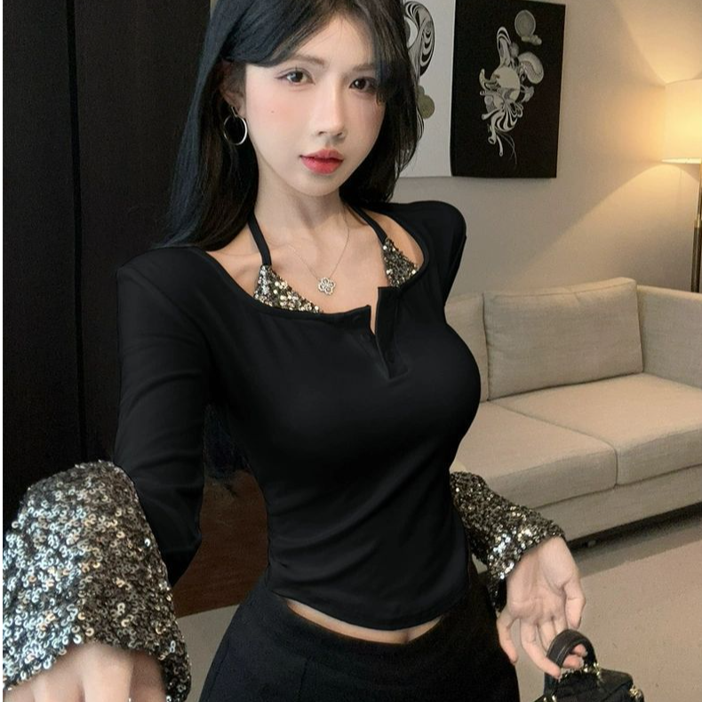 主播优选PYX-707拉丁舞广场舞吉特巴舞蹈练习服亮片拼接上衣