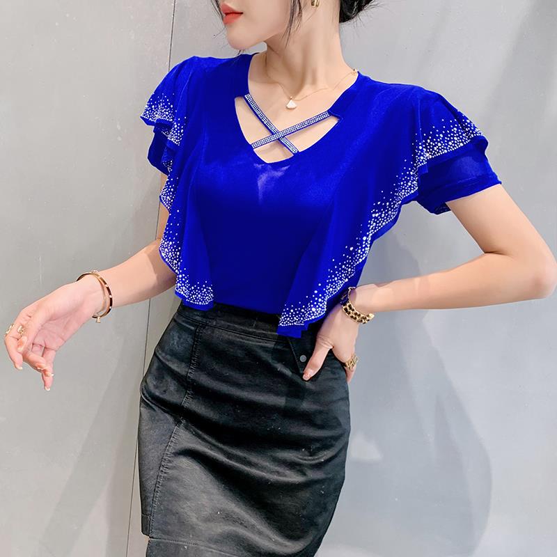 YX-092春季新款网纱时尚圆领镂空重工荷叶边烫钻百搭长袖女上衣