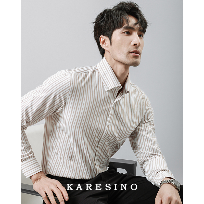 KARESINO意式商务绅士 男士2024新款一片领休闲免烫条纹衬衫长袖