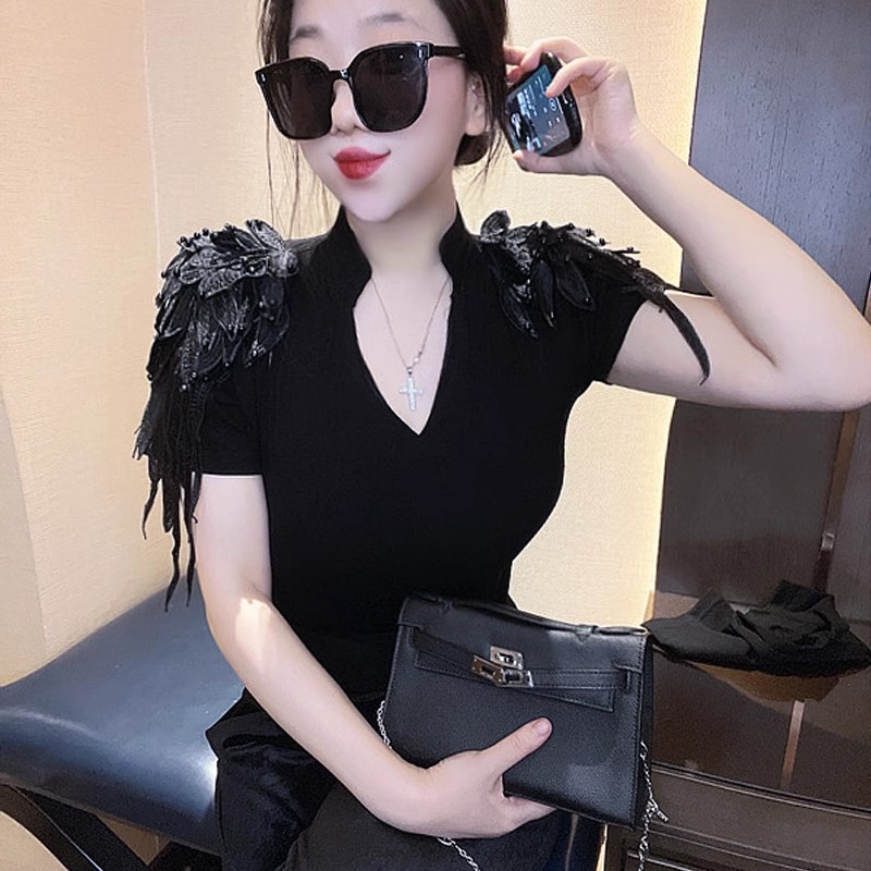 时尚小衫网红春夏新款肩章镶钻短袖t恤洋气女装上衣半袖打底衫潮