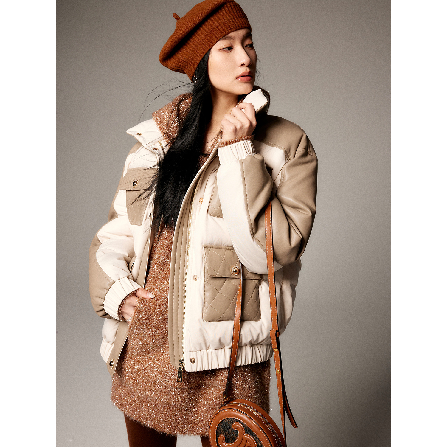 玖着中古秀款滑雪系列/欧洲进口超密拼皮时髦棱形香风鹅绒服