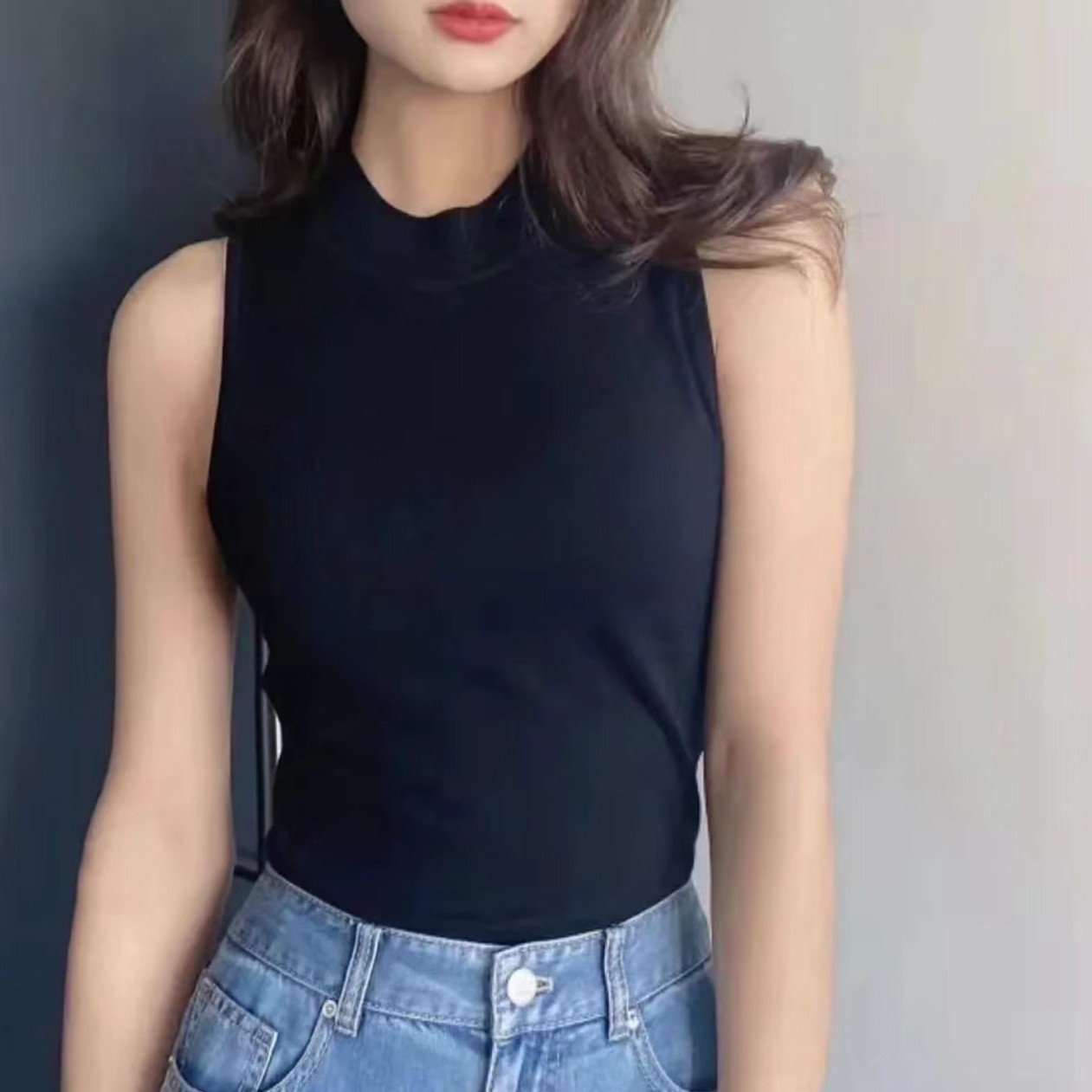 阿玛施/AMASS新款优雅烟管领无袖针织背心纯色针织内搭5399491