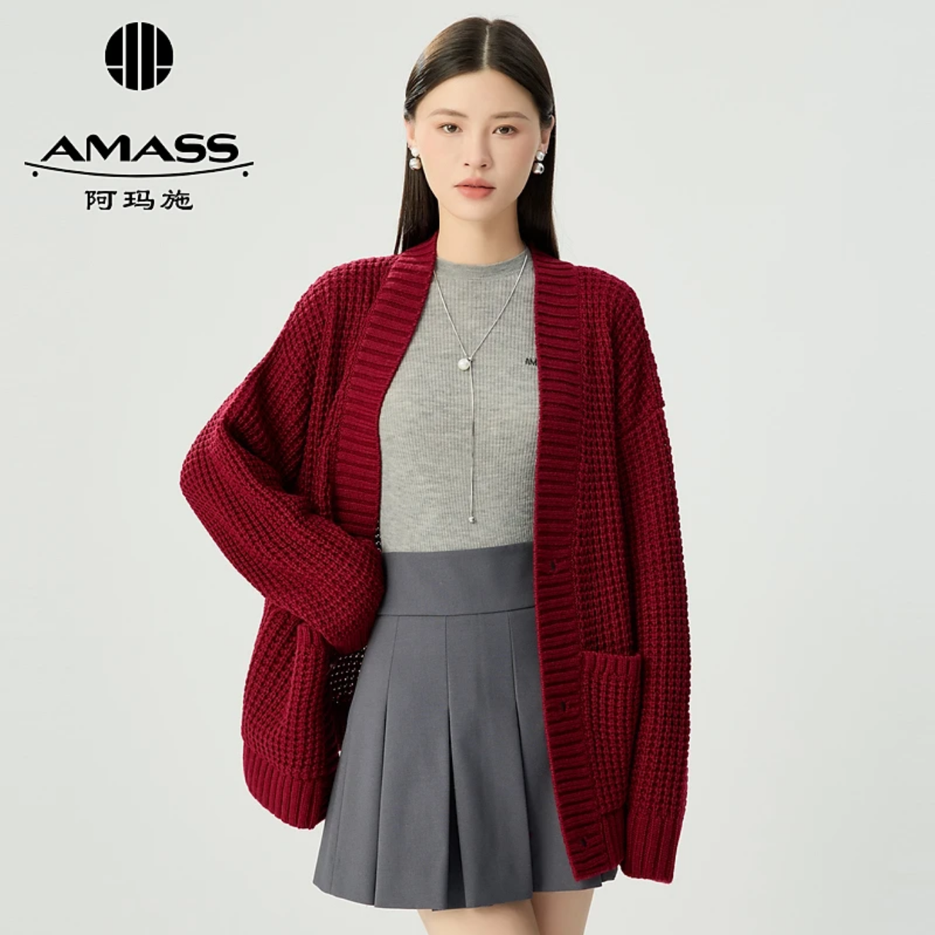 AMASS/阿玛施秋冬新款松弛感V领华夫格廓形棒针针织开衫女5499286