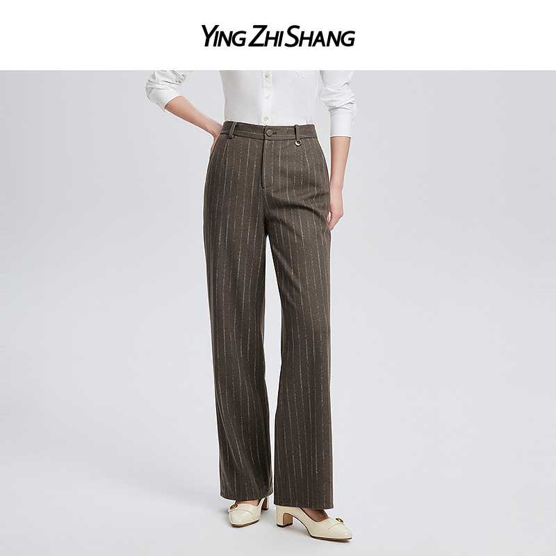 赢智尚秋冬新款棕色绵羊毛条纹略松中腰直筒加长裤女ZV02479