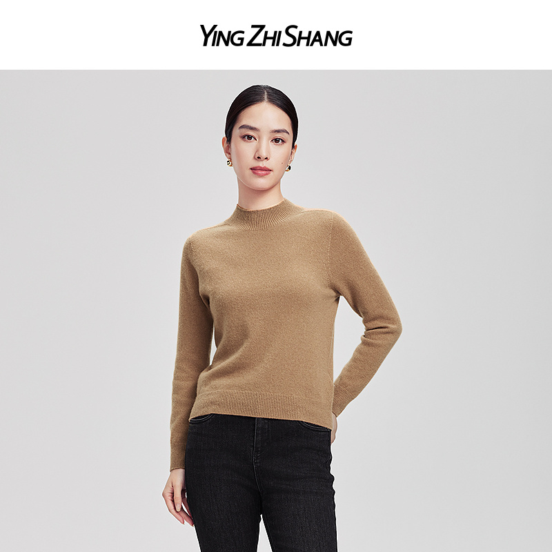 赢智尚春季轻奢新款百分百山羊绒卡其色舒适打底针织衫女ZZ00433