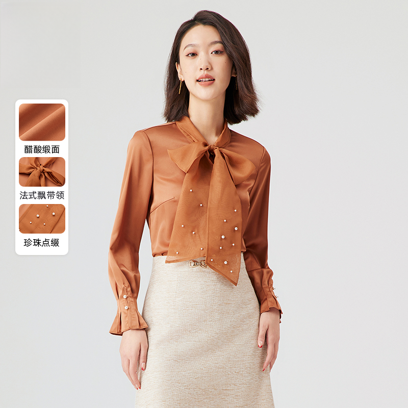 赢智尚秋高档醋酸法式飘带领气质浪漫女人复古优雅衬衣女ZE00642