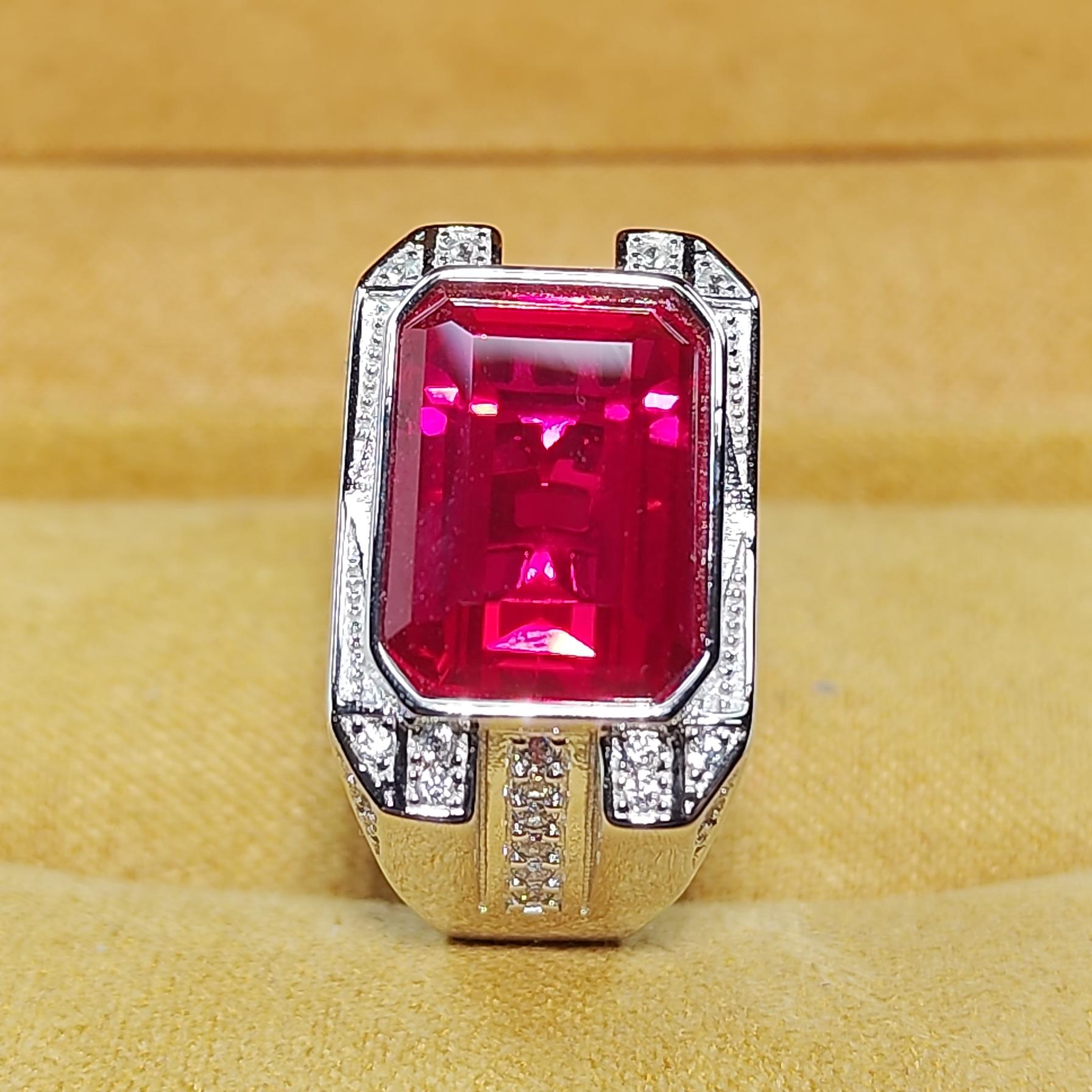 培育红宝石鸽血红S925银镀金气场男士培育红宝石戒指KSJ966