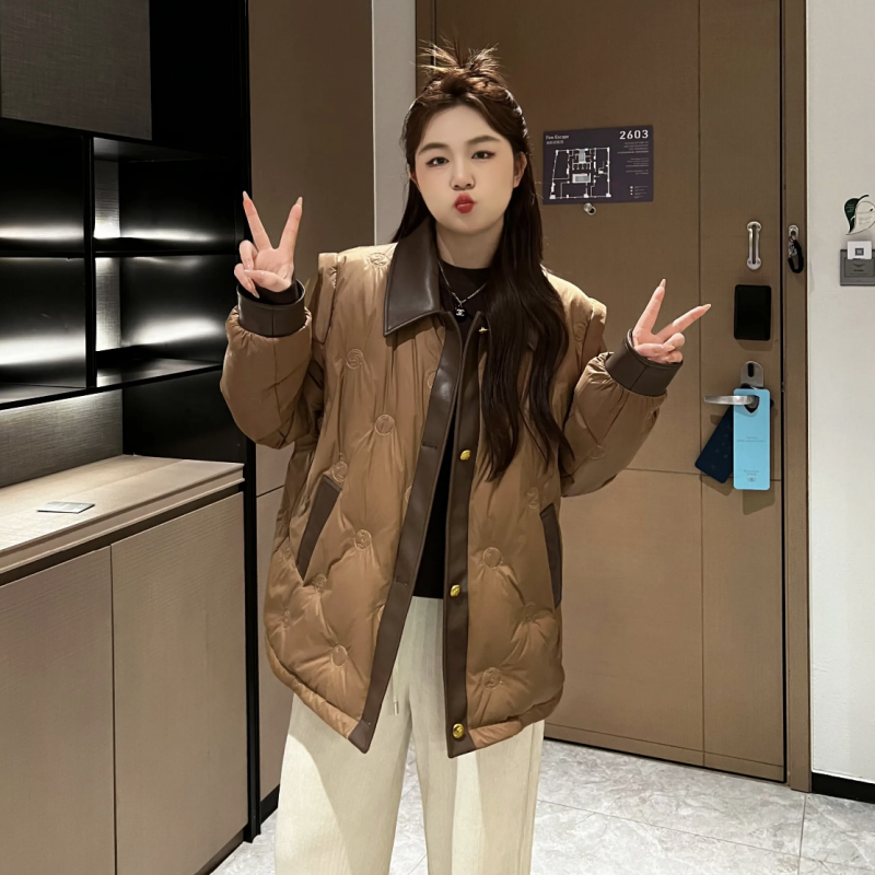 楠序源子微胖女装2023秋冬季翻领宽松白鸭绒羽绒服加厚保暖外套女