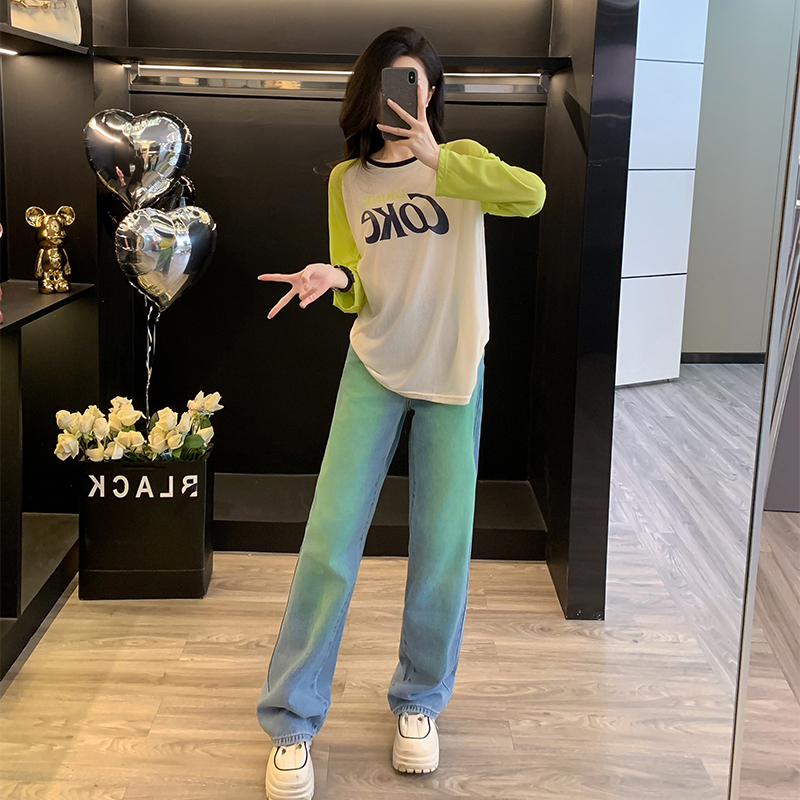 秋季慵懒松弛感休闲时尚套装女薄款宽松长袖T恤阔腿牛仔裤两件套