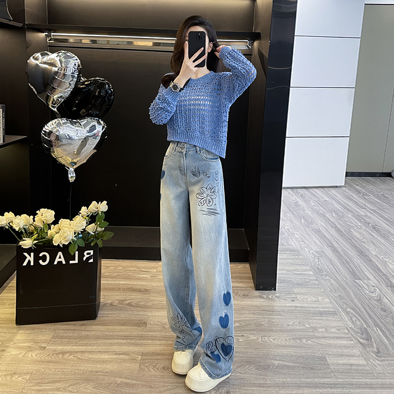 秋季轻熟御姐休闲时尚套装镂空针织长袖上衣阔腿牛仔裤两件套女装
