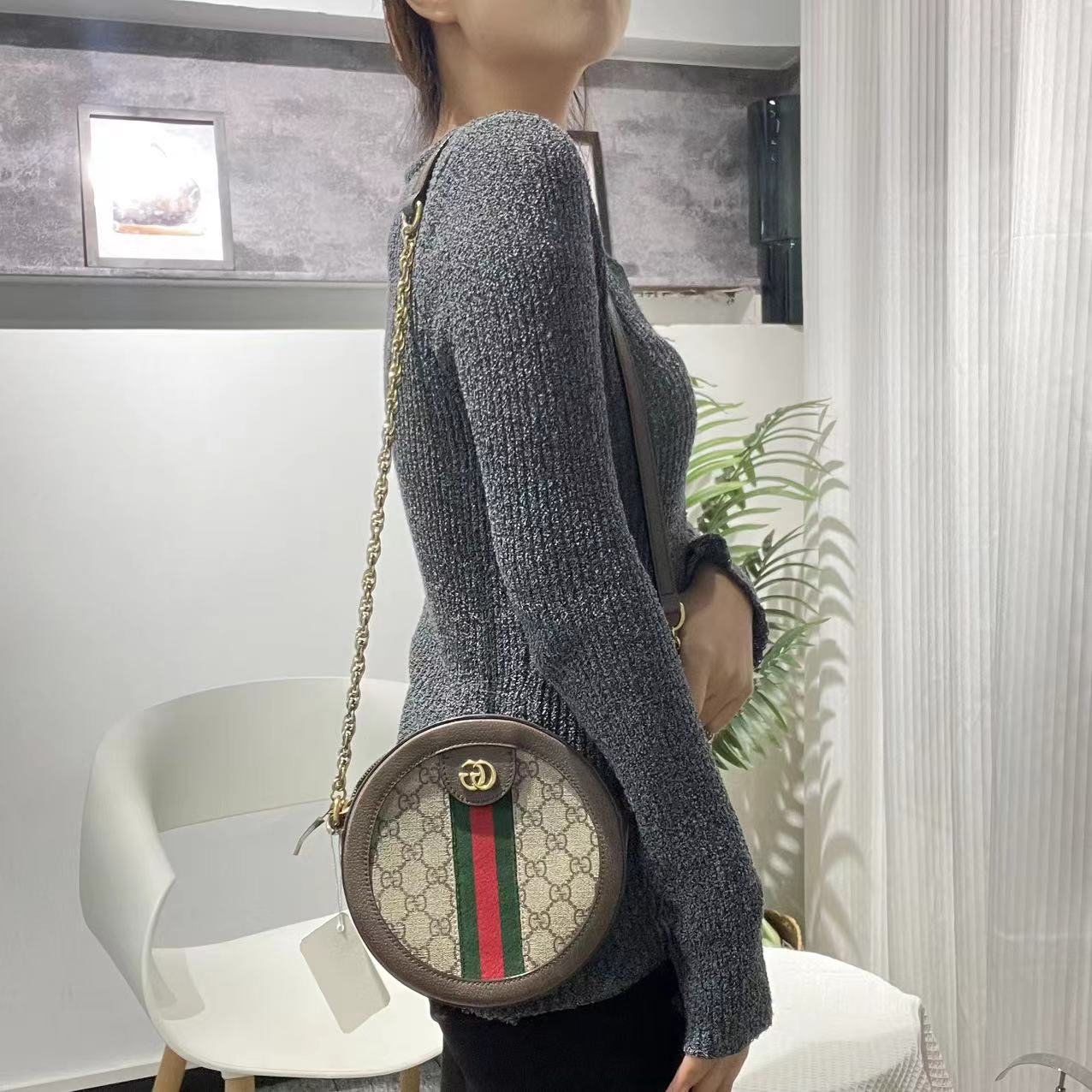 95新 GUCCI/古驰 104512 老花圆饼链条单肩包 时尚经典