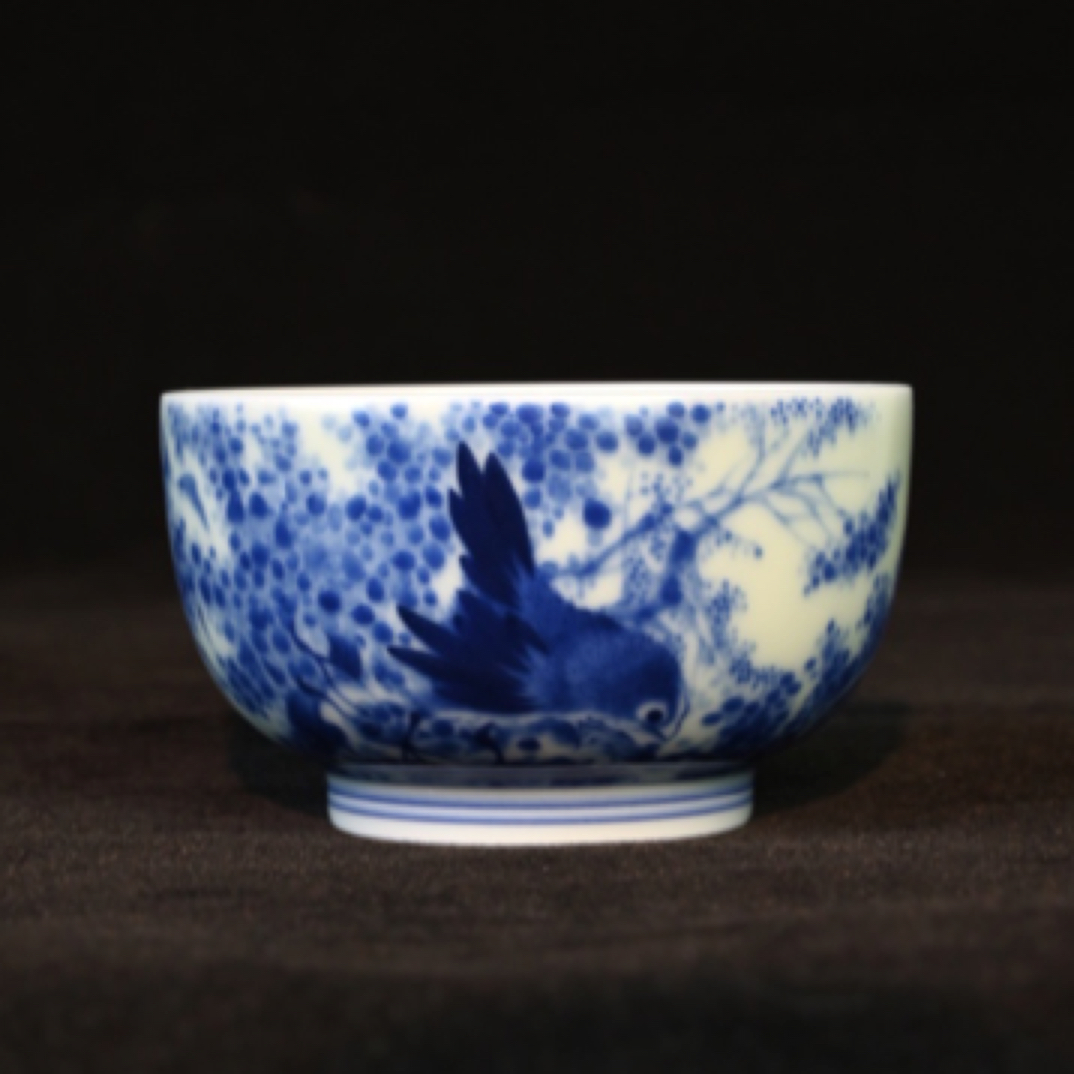 三和铭窑 仿王步青花嬉禽图单鸟禅定杯 满容约120cc