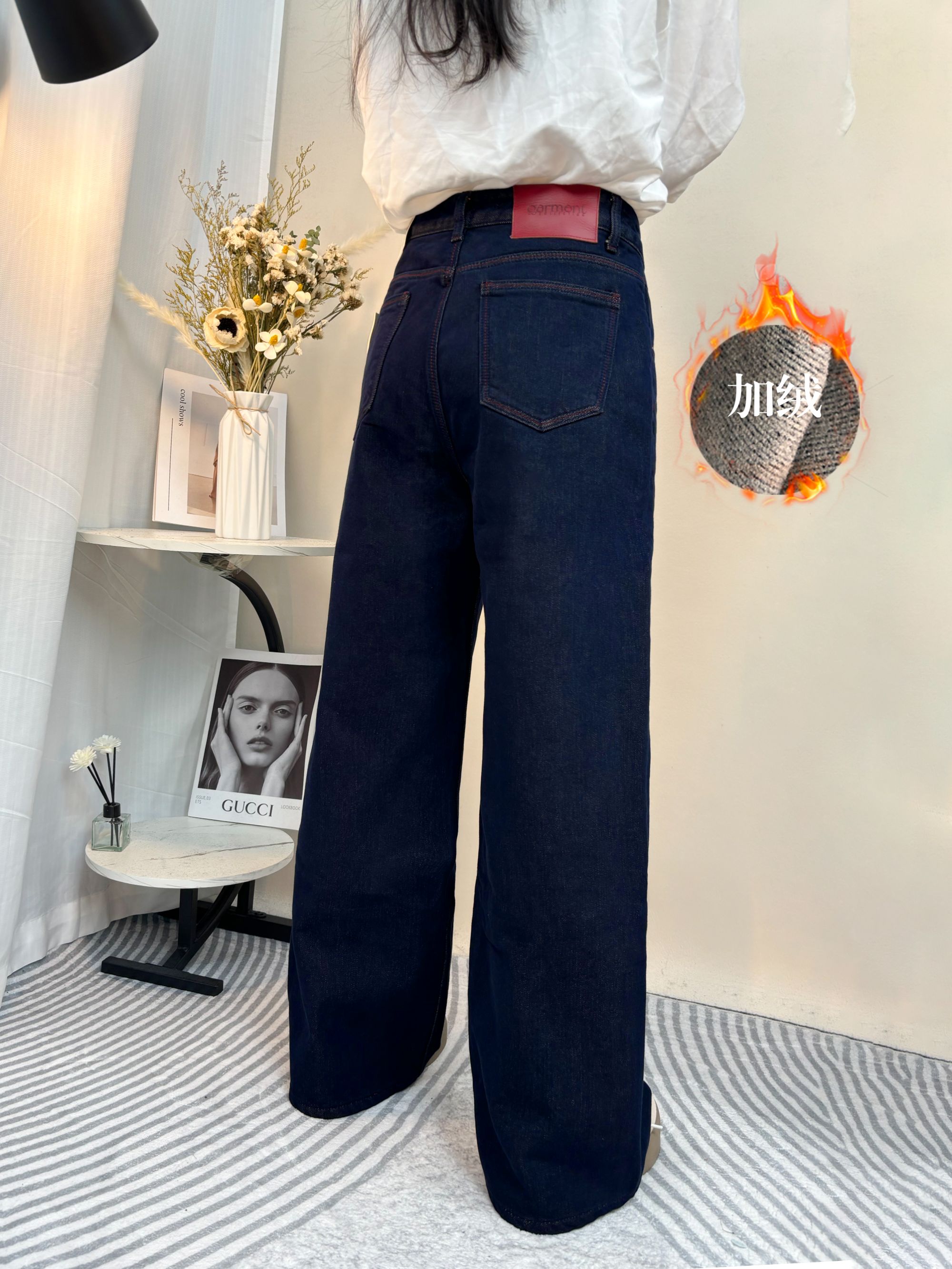 SU【221】83代 愫佩 MWMA加植绒无弹黑金普洗蓝窄版阔腿牛仔裤~