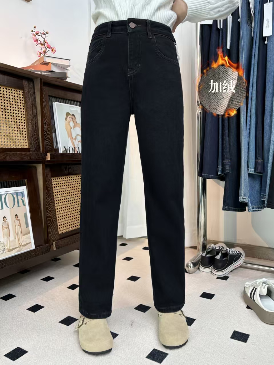 SU【735】愫敏65花MWMA加植绒无弹里普洗黑窄版直筒牛仔裤~