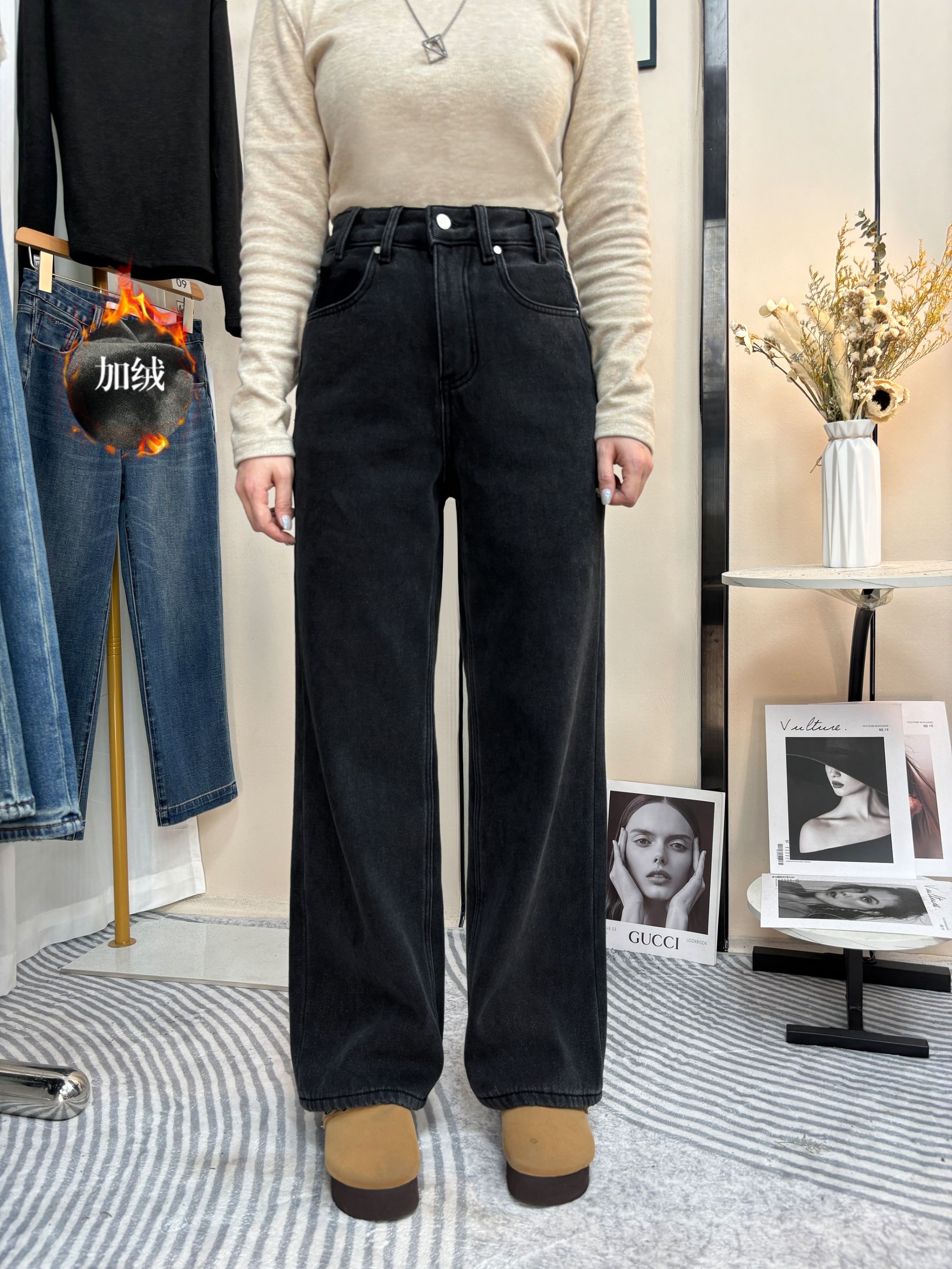 花XD【152-5】500-MWMA 高腰直筒阔腿裤黑色显瘦加绒加厚拖地裤~