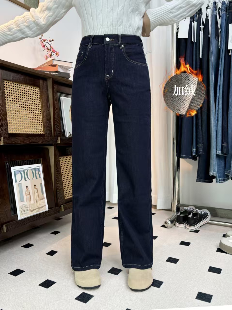 SU【244-1】愫心 86花MWMA加植绒微弹力窄版阔腿直筒牛仔裤~