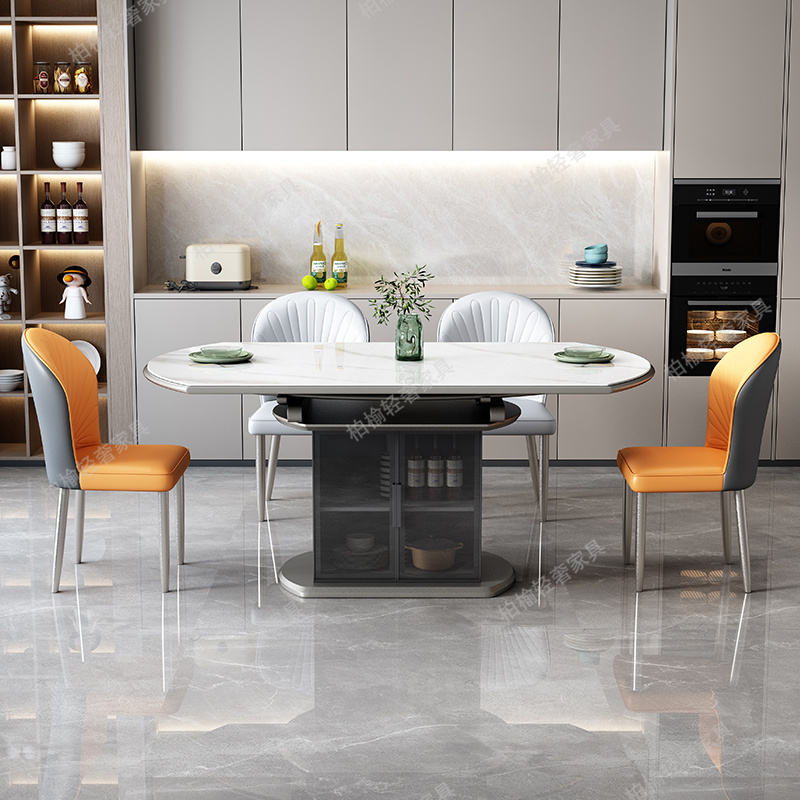 【2025年新款】储物款轻奢现代简约家用方圆两用可伸缩岩板餐桌椅