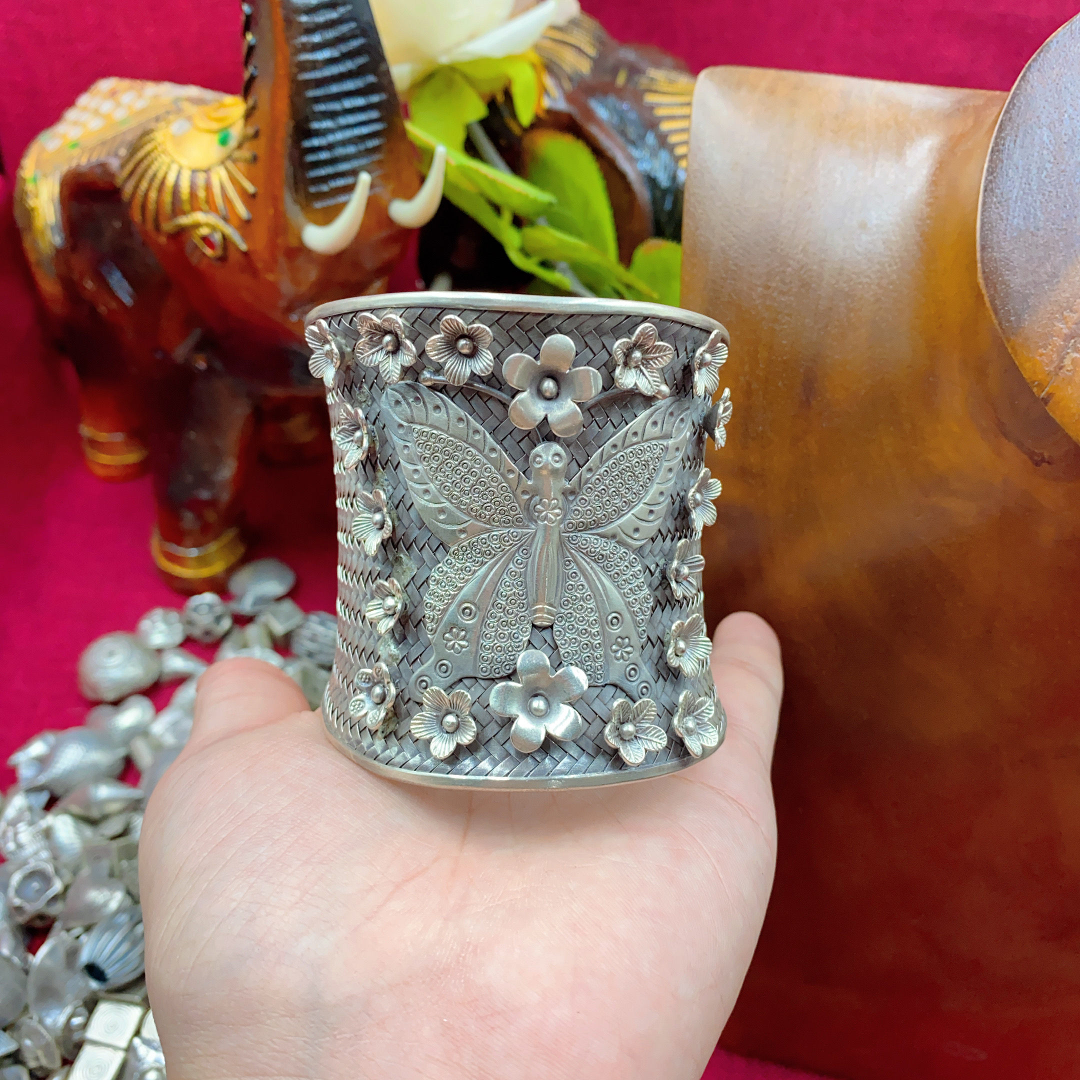 足银手镯 复古民族风泰银清迈纯手工制作个性夸张设计款蝴蝶手镯