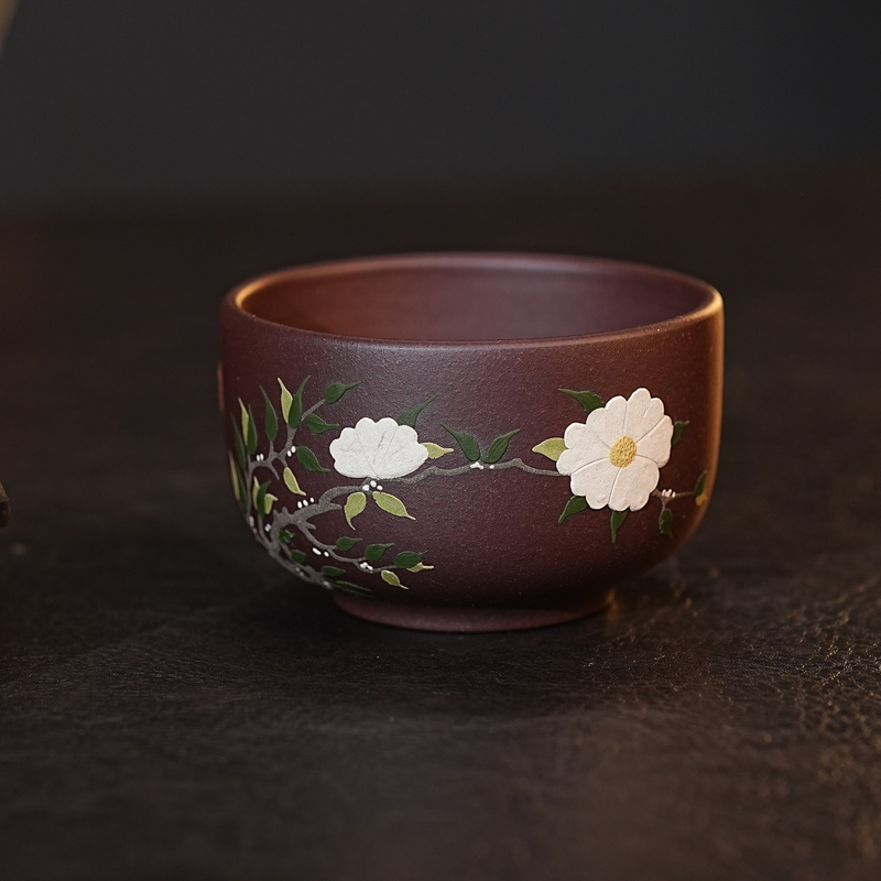 宜兴紫砂茶具  原矿老紫泥泥料堆绘玉兰花紫砂主人杯匠心