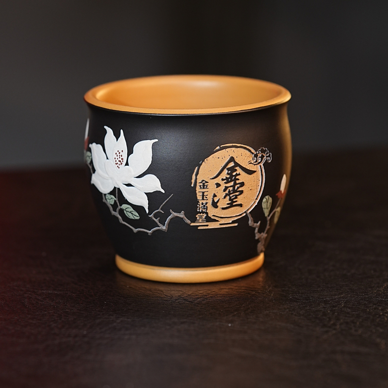 宜兴紫砂茶具 原矿段泥泥料粉浆堆绘玉兰花金玉满堂主人杯品茗杯