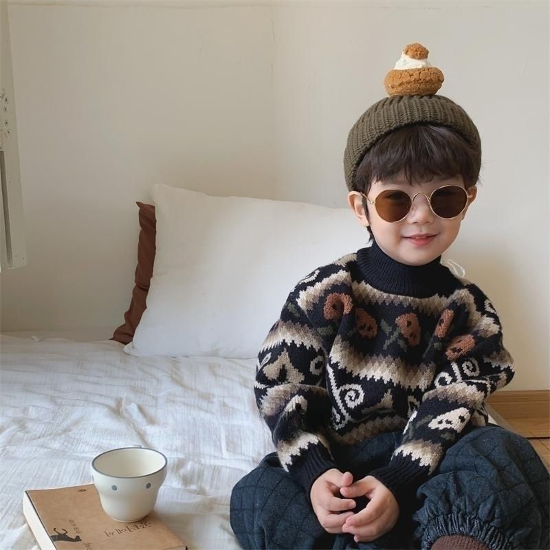 2024新款冬季男童半高领毛衣套头加绒加厚小童宝宝复古针织衫洋气
