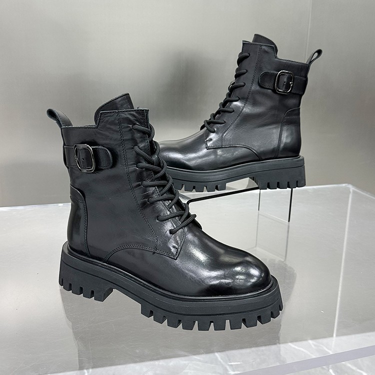 胎牛皮女鞋2023秋季新款休闲鞋松糕厚底增高百搭英伦风小众马丁靴