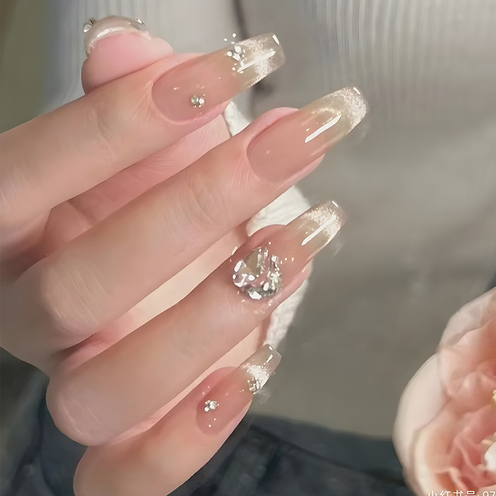 猫眼晶石光疗穿戴甲纯手工冰透裸色显白指甲片轻奢水晶钻石美甲