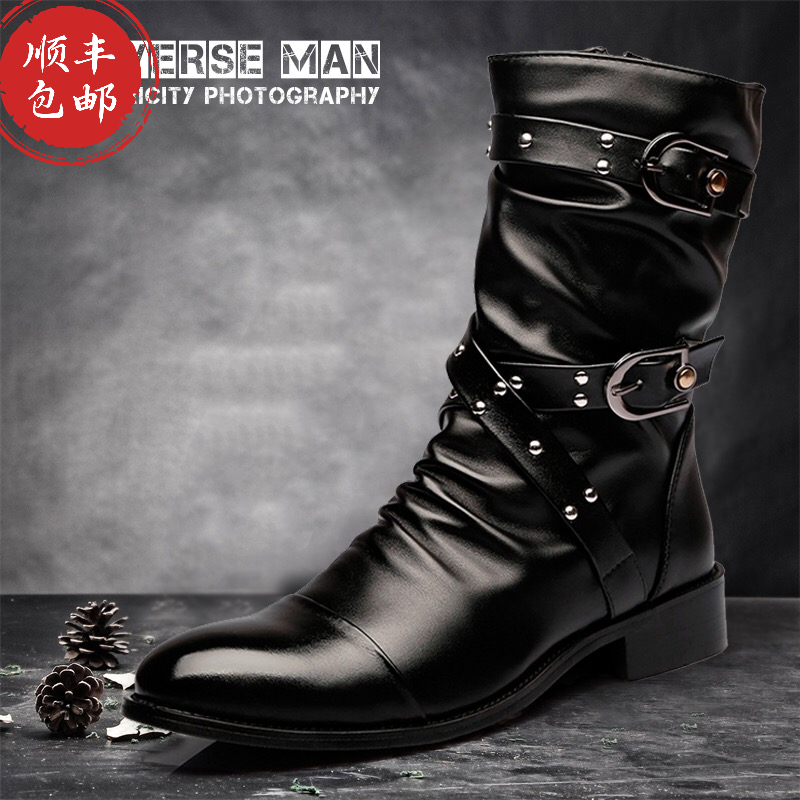 秋冬长筒皮靴内增高男士马丁靴工装靴韩版英伦男皮鞋尖头高帮男靴
