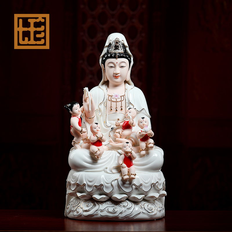 七珍德化陶瓷描金坐莲观/音抱小孩观/音家居装饰品