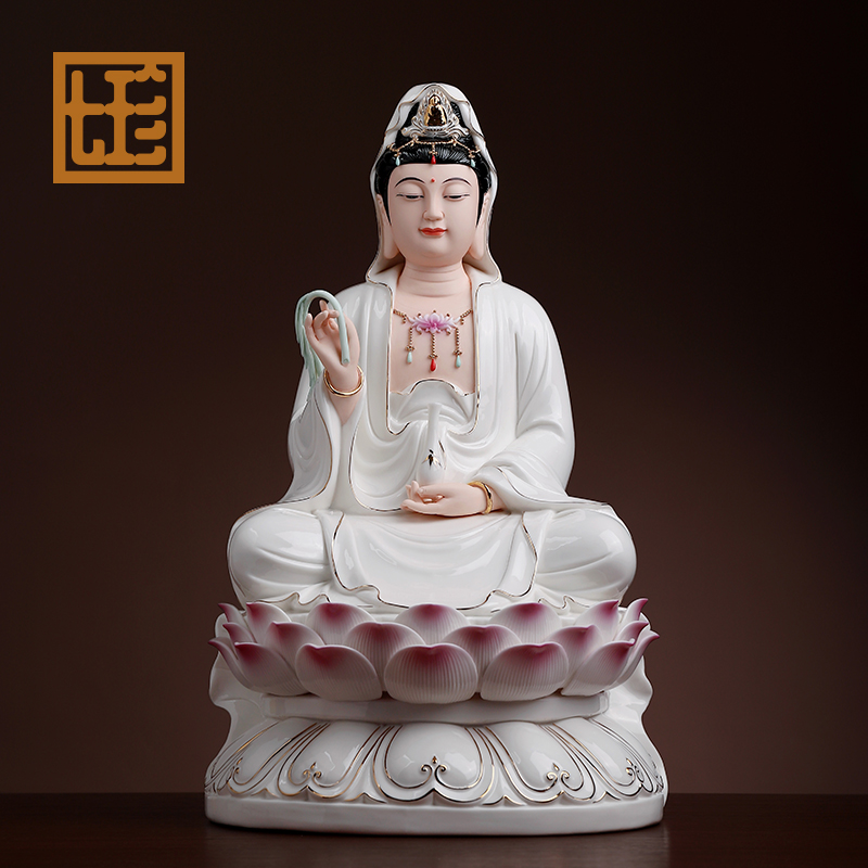 七珍陶瓷摆件《17英寸正坐观/音描金彩》瓷像家用观/音