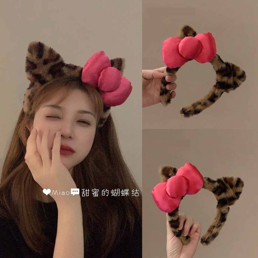 豹纹猫耳蝴蝶结发箍女2025新款洗脸压头发可爱发箍毛绒头饰爆款女