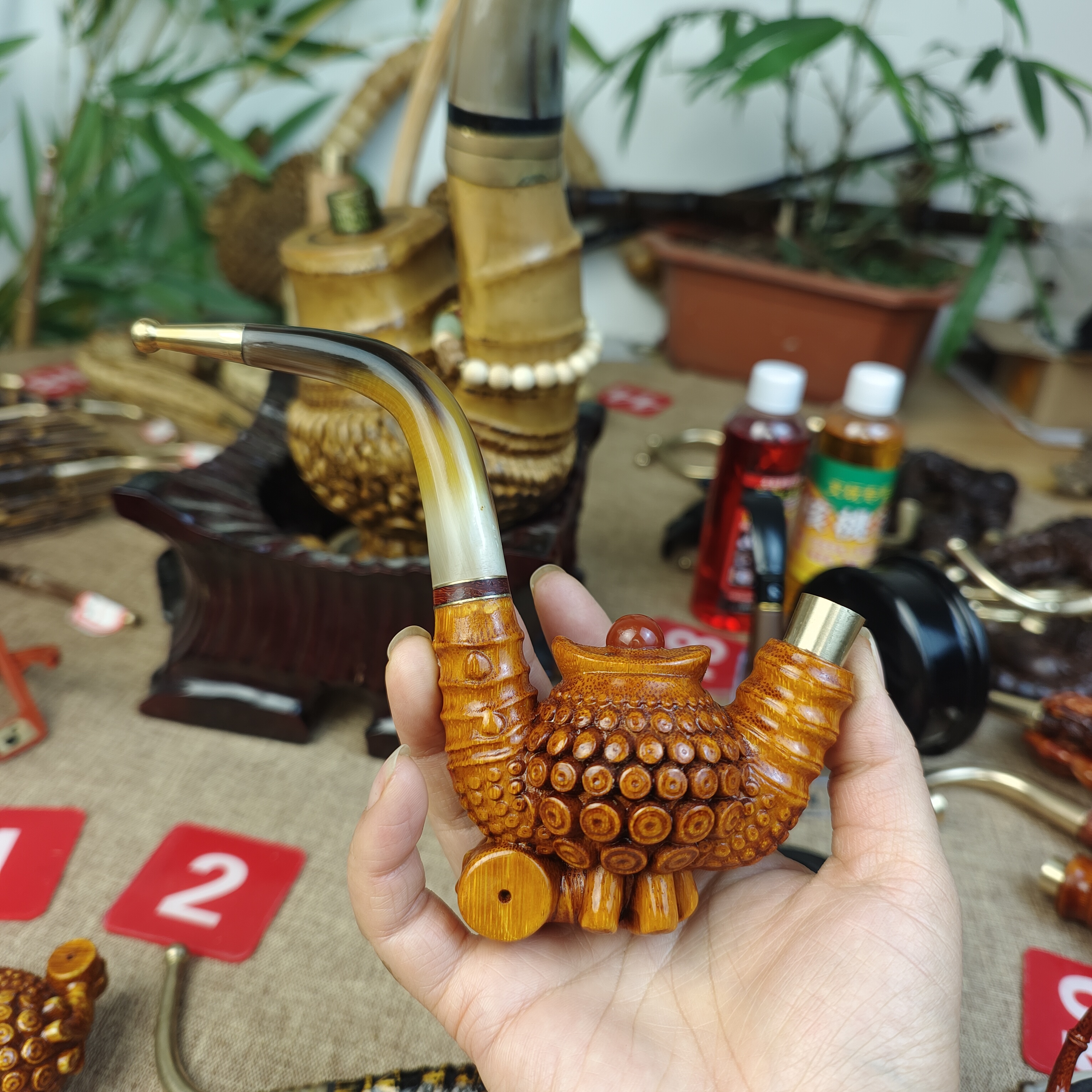 贵州民间竹子雕刻茶壶牛角嘴一体手把件