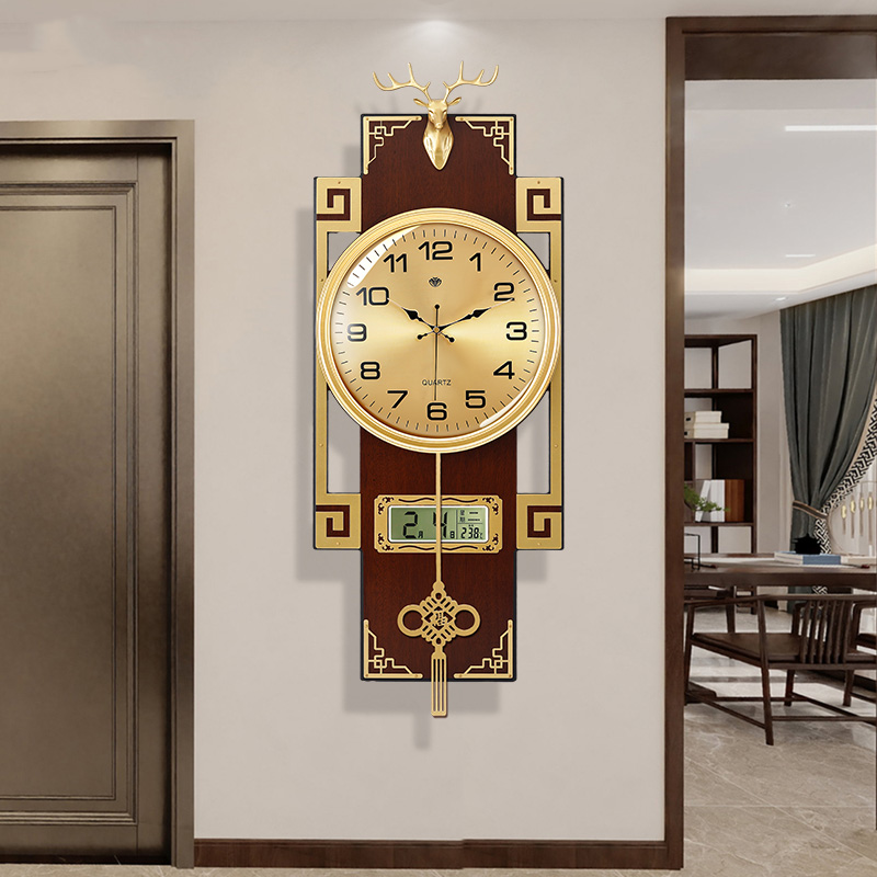 钟表客厅家用挂钟轻奢新中式石英挂钟静音时钟挂墙实木中国风钟表