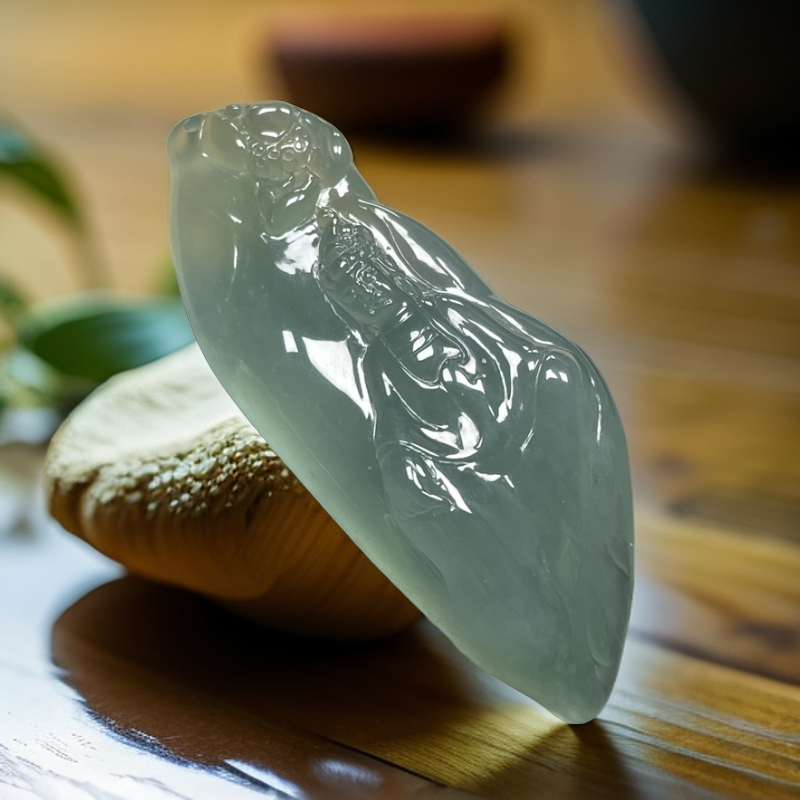缅甸高冰种a货冰种起胶精工雕刻底色随形自在观音挂件男女款